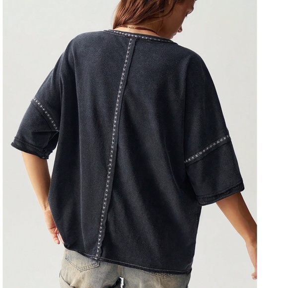 Solid Mineral Wash Reverse Stitch 1/2 button Short sleeve Top - Picture 4 of 5